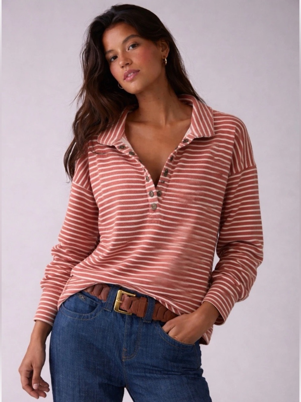 Anthropologie Pullover Quarter V-Neck Shirt Oversized Small Red Stripes Pilcro - Picture 6 of 12